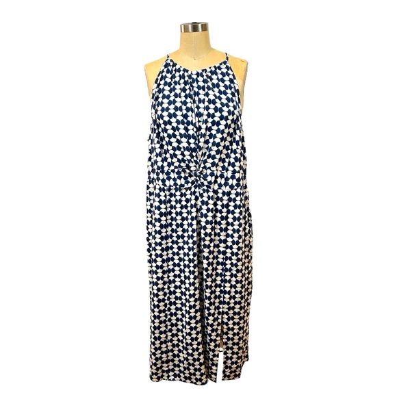 NWT🌟AVA VIV Navy & White Geometric Sleeveless Halter Maxi Dress size 1X linen - Picture 1 of 11